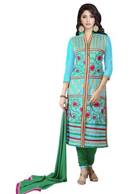 Blue embroidered cotton poly unstitched salwar with dupatta 1