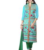 Blue embroidered cotton poly unstitched salwar with dupatta