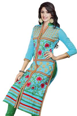 Blue embroidered cotton poly unstitched salwar with dupatta 2