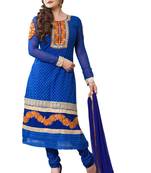 Blue embroidered faux georgette unstitched salwar with dupatta