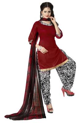 Red embroidered cotton poly unstitched salwar with dupatta 1