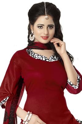 Red embroidered cotton poly unstitched salwar with dupatta 2