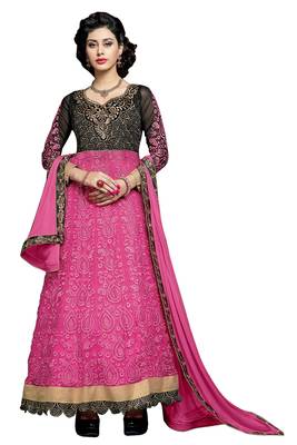 Pink embroidered faux net unstitched salwar with dupatta 1