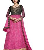 Pink embroidered faux net unstitched salwar with dupatta