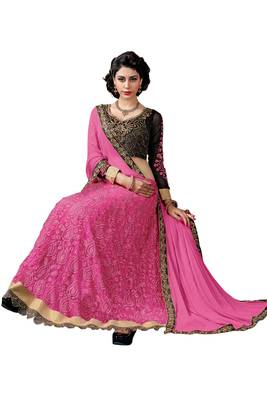 Pink embroidered faux net unstitched salwar with dupatta 2