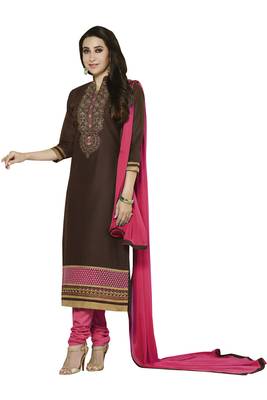 Brown embroidered cotton poly unstitched salwar with dupatta 1
