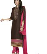 Brown embroidered cotton poly unstitched salwar with dupatta