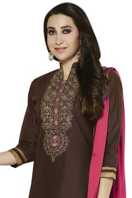 Brown embroidered cotton poly unstitched salwar with dupatta 2