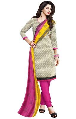Cream embroidered cotton poly unstitched salwar with dupatta 1