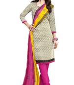 Cream embroidered cotton poly unstitched salwar with dupatta
