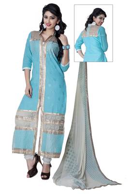 Blue embroidered cotton poly unstitched salwar with dupatta 1