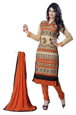 Beige embroidered cotton poly unstitched salwar with dupatta 1