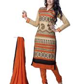 Beige embroidered cotton poly unstitched salwar with dupatta