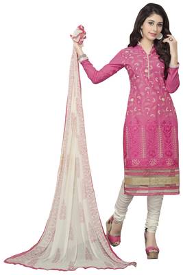 Pink embroidered cotton poly unstitched salwar with dupatta 1