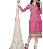 Pink embroidered cotton poly unstitched salwar with dupatta