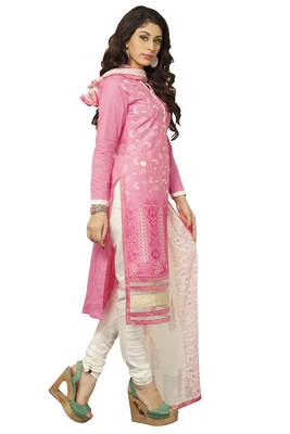 Pink embroidered cotton poly unstitched salwar with dupatta 2