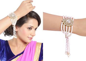 Pearl Design Gold Finish Bracelet For Party Wear In White 1