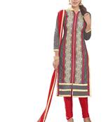Grey embroidered faux chanderi unstitched salwar with dupatta
