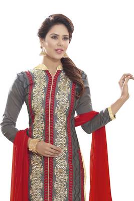 Grey embroidered faux chanderi unstitched salwar with dupatta 2