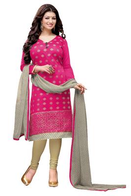 Pink embroidered cotton poly unstitched salwar with dupatta 1