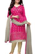 Pink embroidered cotton poly unstitched salwar with dupatta