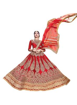 Red embroidered net unstitched lehenga 1