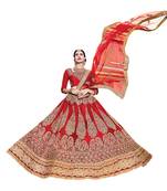 Red embroidered net unstitched lehenga