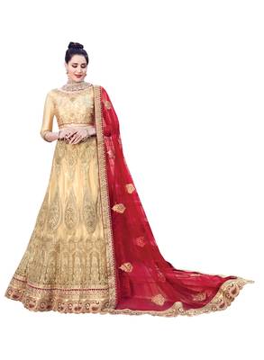 Beige embroidered net unstitched lehenga 2
