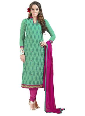 Green embroidered chanderi unstitched salwar with dupatta 1