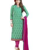 Green embroidered chanderi unstitched salwar with dupatta