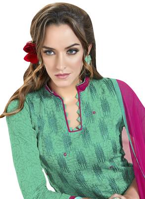 Green embroidered chanderi unstitched salwar with dupatta 2