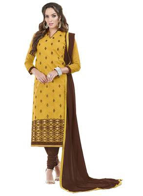Yellow embroidered chanderi unstitched salwar with dupatta 1