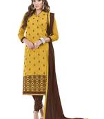 Yellow embroidered chanderi unstitched salwar with dupatta