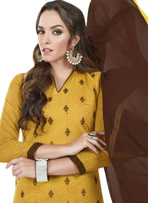 Yellow embroidered chanderi unstitched salwar with dupatta 2
