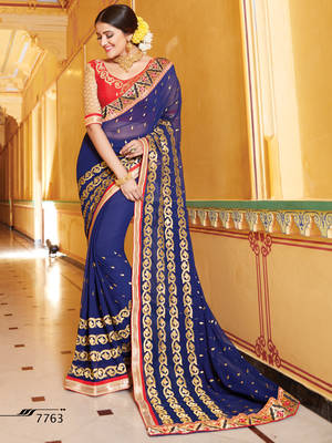 Blue embroidered georgette saree with blouse 1