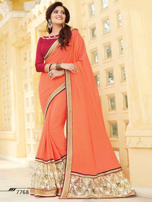 Orange embroidered georgette saree with blouse 1
