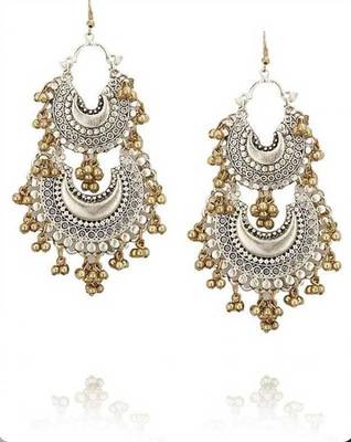 Silver And Gold Two Tone Double Chand Earrings 1