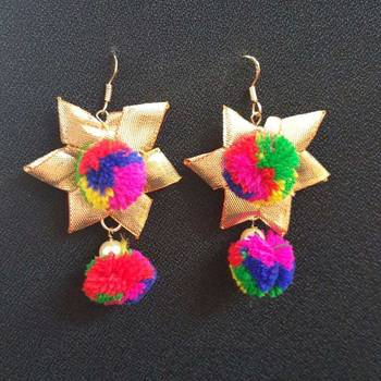 Gota And Pom Pom Flower Earrings 1