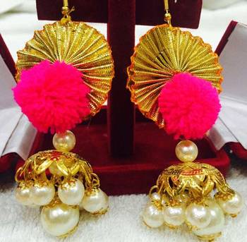 Pink Pom Pom Gota Flower Jhumka 1