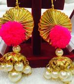 Pink Pom Pom Gota Flower Jhumka