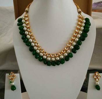 Kundan With Embellished Pearl And Green Onyx Gemstone Necklace 1