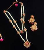 Neon Pink Gota And Pearl Necklace Set