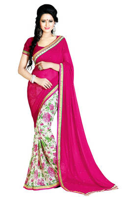 Pink printed georgette saree with blouse 1