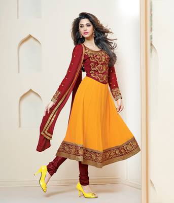Delightful Maroon and Yellow velvet Anarkali Salwar Suit 1