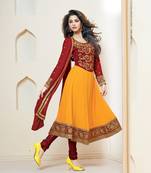 Delightful Maroon and Yellow velvet Anarkali Salwar Suit