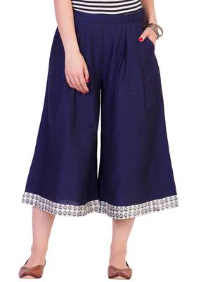 Women's Designer Navy Blue Calf Length Cullottes With Printed Hem 1