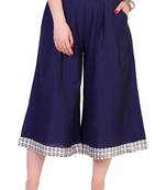 Women's Designer Navy Blue Calf Length Cullottes With Printed Hem