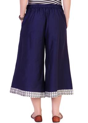 Women's Designer Navy Blue Calf Length Cullottes With Printed Hem 2