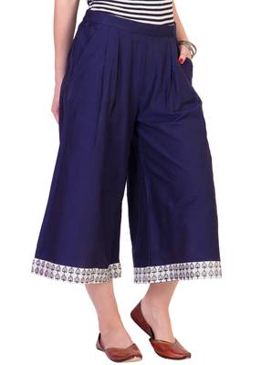Women's Designer Navy Blue Calf Length Cullottes With Printed Hem 3
