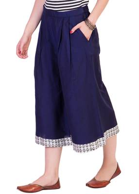 Women's Designer Navy Blue Calf Length Cullottes With Printed Hem 4